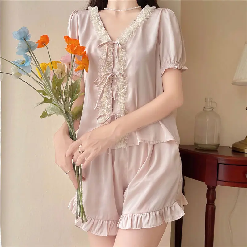 Sweet Lace Trim Pyjamas Suit Women Underwear Princess Cute Pajamas Suit Summer New Lingerie Short Sleeve Top&shorts Nightwear