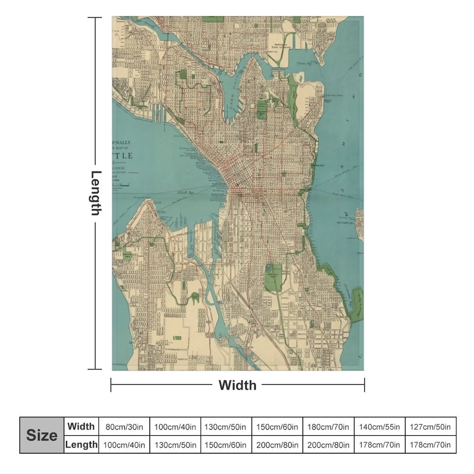 Seattle Vintage Map Full Color Throw Blanket Comforter Softest Thins Blankets