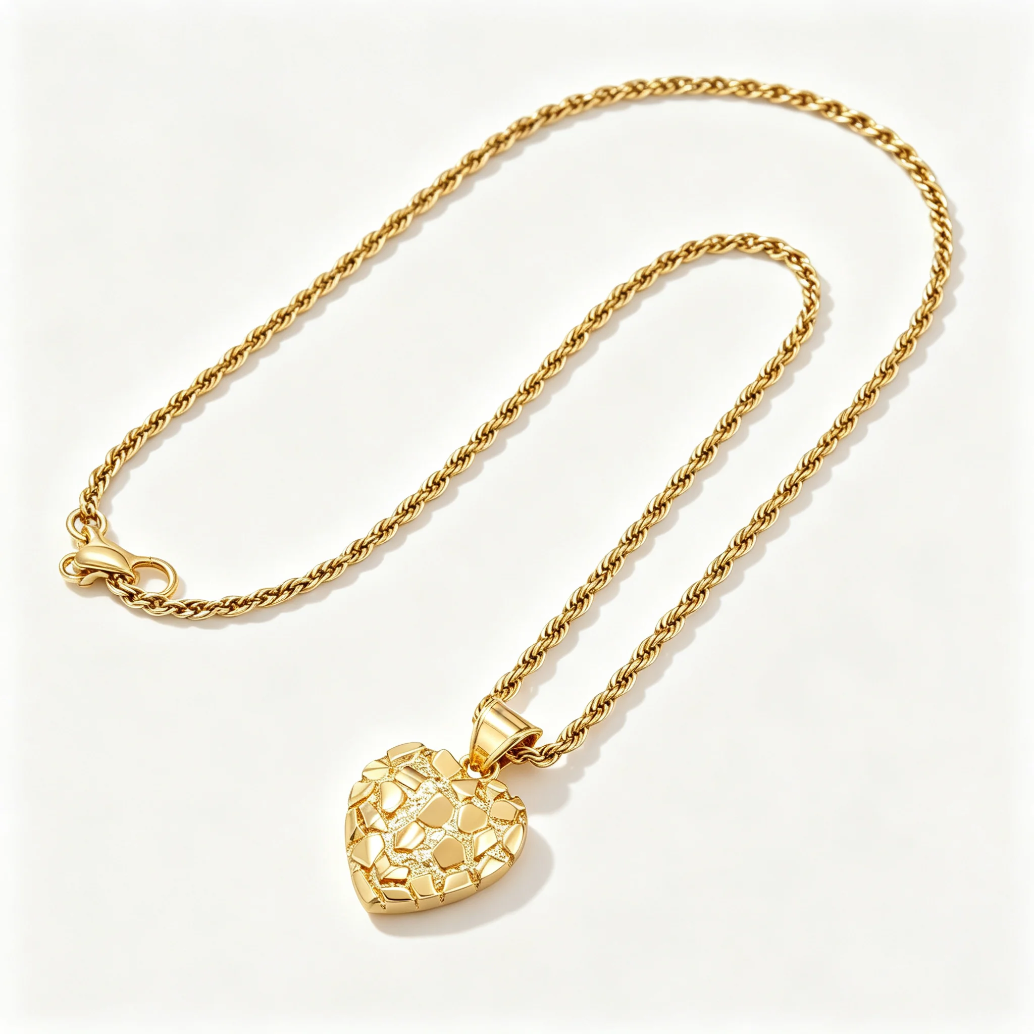 18K Gold Plated Big Size 19mm Nugget Heart Pendant Necklace With 2.5mm Width Stainless Steel Rope Chain Rough Textured For Women