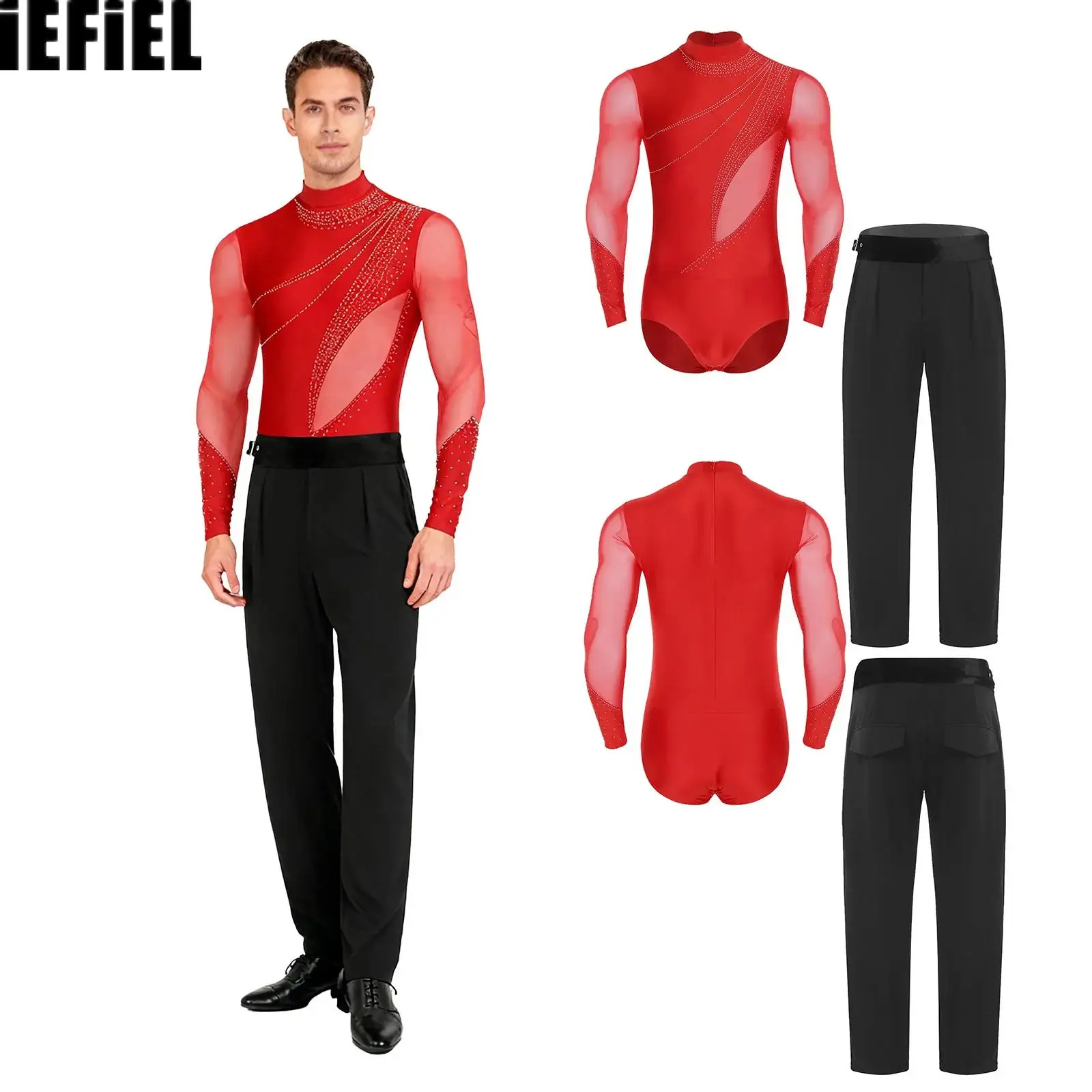 

Men Latin Ballet Rumba Tango Dance Outfit Rhinestone Mesh Long Sleeve Crotch Leotard And Long Pants Dance Bodysuit