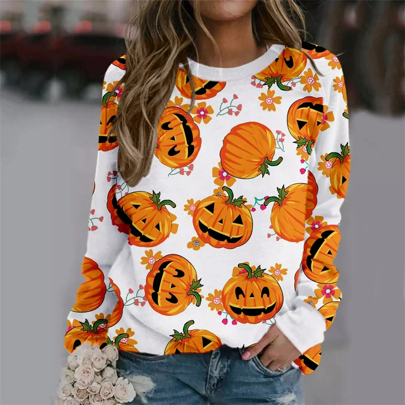 Halloween Pumpkin Head Sweatshirt Women's Men Long Sleeves 3D Print Pullover Simple Fashion Repeating Pattern Street Sweatshirts