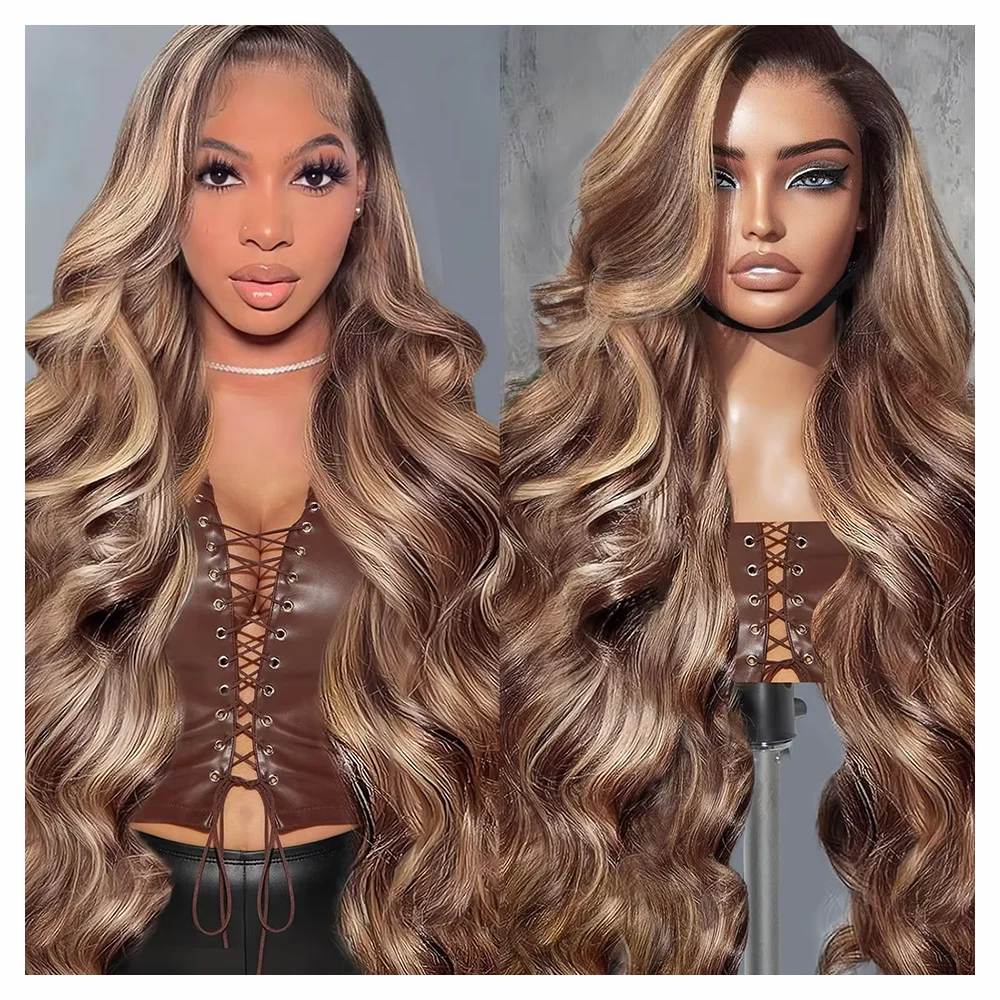 High Inch P4/27 Highlight Ombre Braun 13x6 HD Lace Frontal Perücke Honigblond gefärbt 13x4 HD Lace Front Echthaarperücken für Frauen, Body Wave, vorgezupft, 4/27 Ombre Blond, Lace Front, 200 Dichte