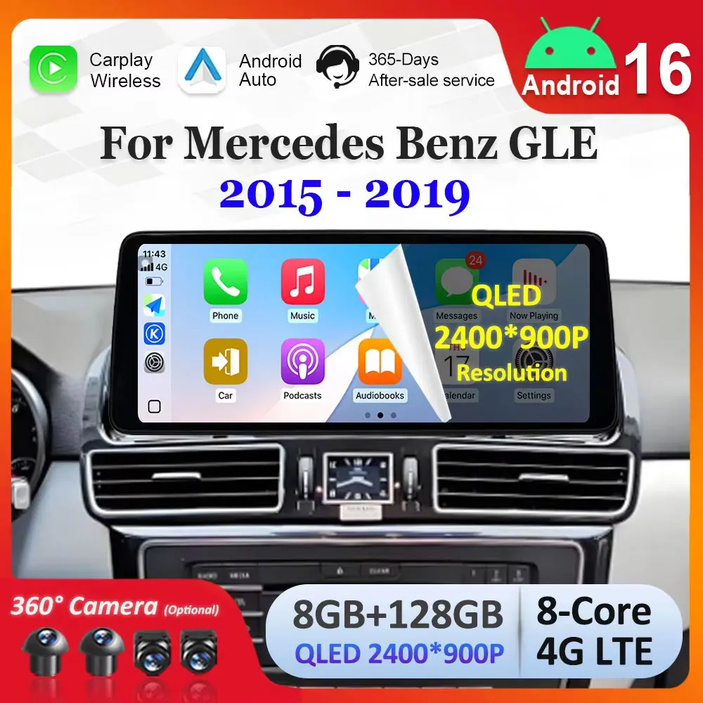 Android 16 Zubehör Auto-Multimedia-Radio und Ultra-dünner Bildschirm Carplay QLED für Mercedes Benz GLE 2015 - 2019 Navigation GPS