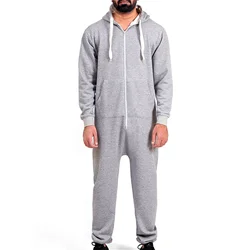 Men Hooded Jumpsuit Long Sleeve Zip-up Pajamas Sleepwear Loungewear with Pockets