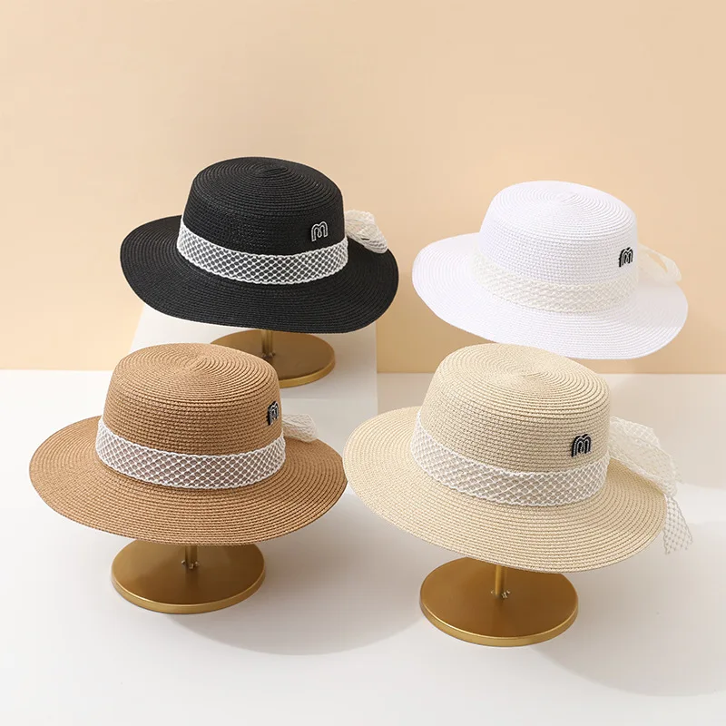 

Hat Female Summerelegantelegance Pearl Black Straw Hat Spring Casualfashion Strap Grids Pattern Sun Hat Female Sun Protection