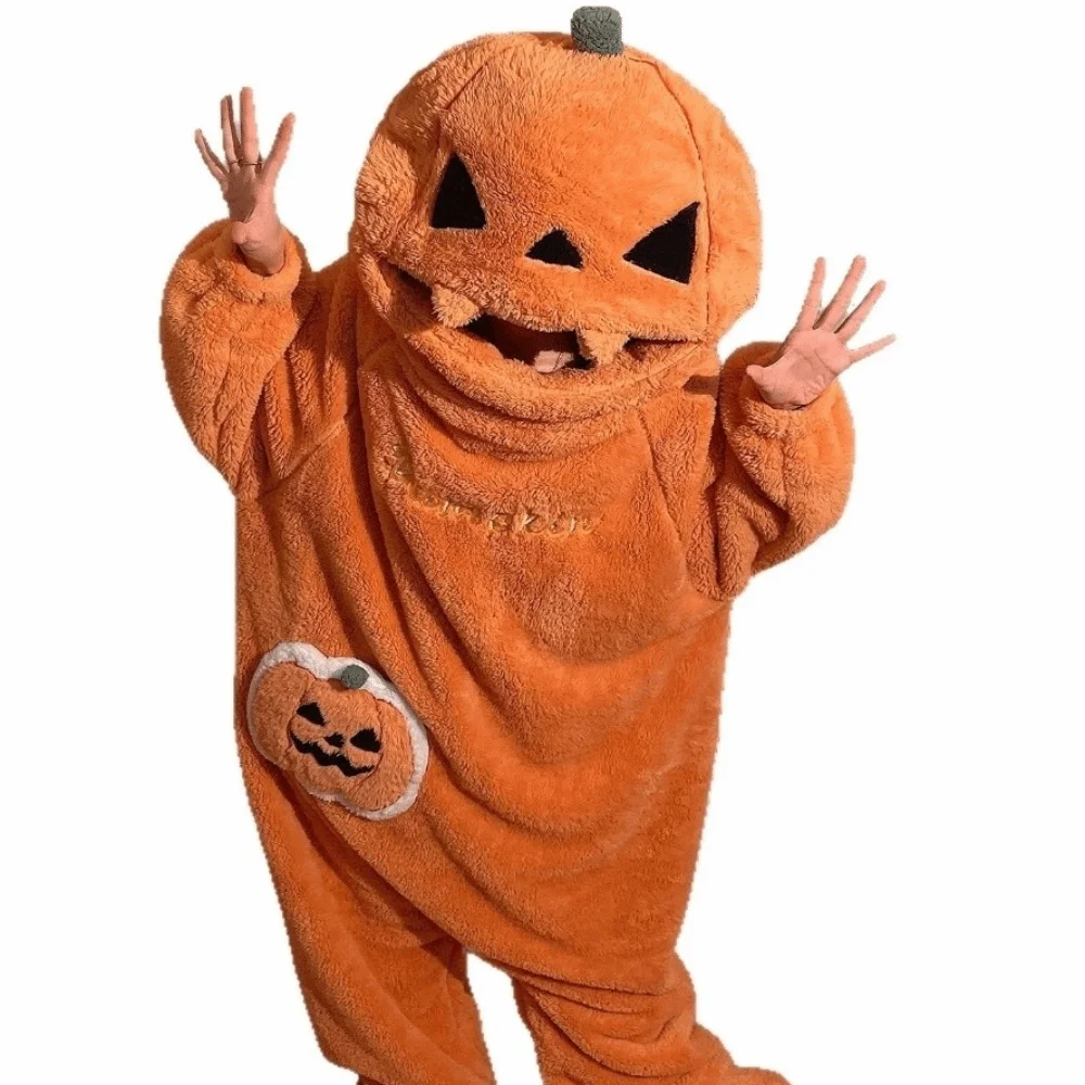 Cute Warm Pumpkin Integrated Pajamas Soft Pig Cartoon Animal Sleepwear Fluffy Plush Thickened Lined Cosplay Costume Home Wear