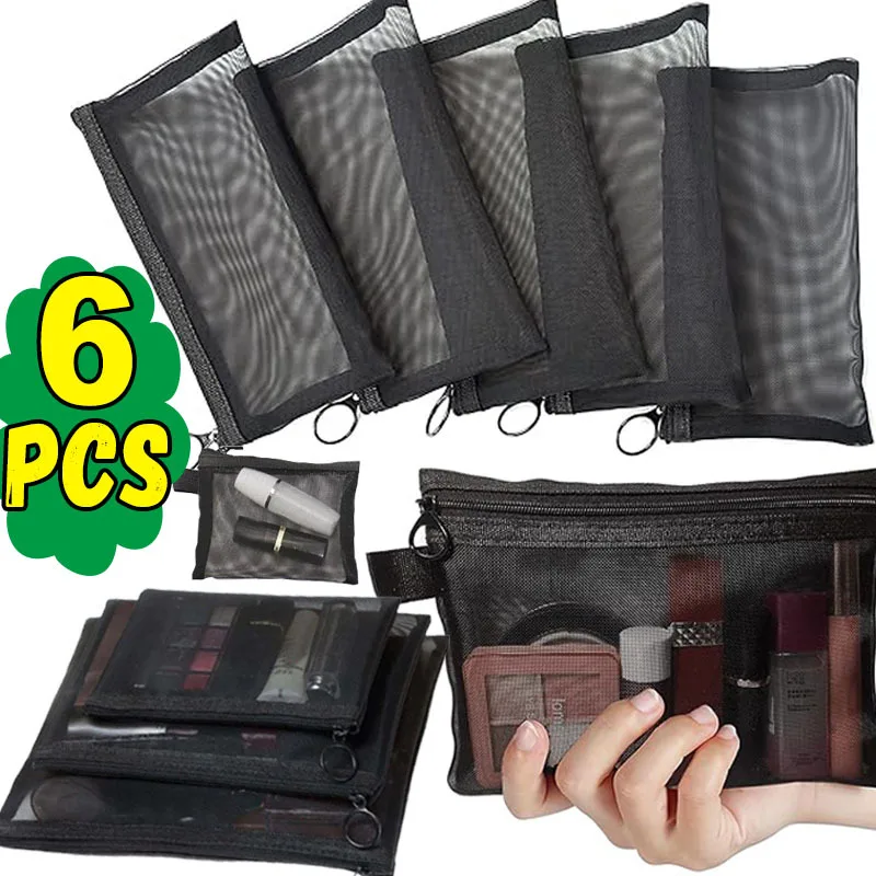 

1/6pcs Mesh Clear Cosmetic Bags Small Large Black Makeup Bag Portable Travel Toiletry Organizer Case Lipstick Storage Pouch