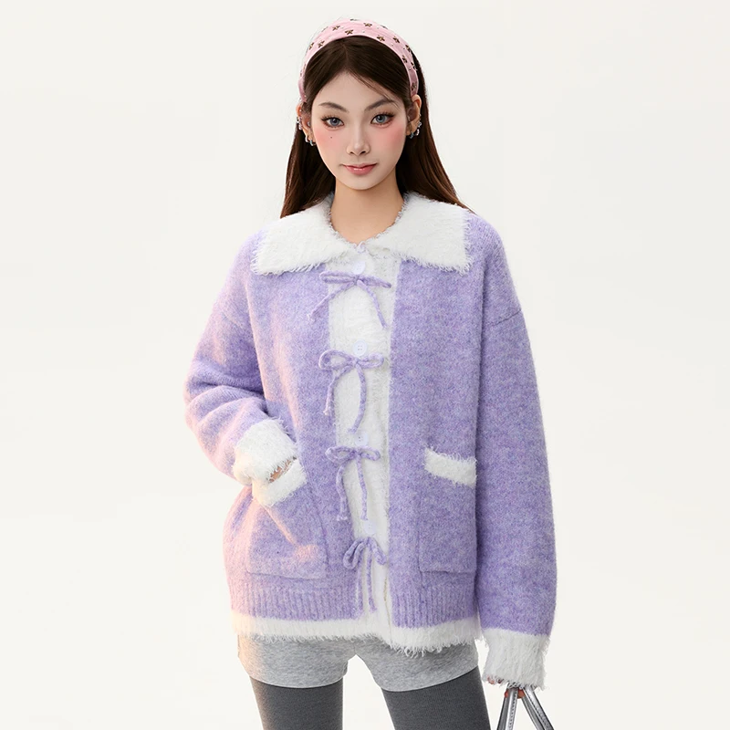 الأمريكية الرجعية بدوره إلى أسفل طوق محبوك المرأة سترة الخريف الشتاء تصميم جديد كلية الدافئة الحد من العمر سترة معطف السيدات #6