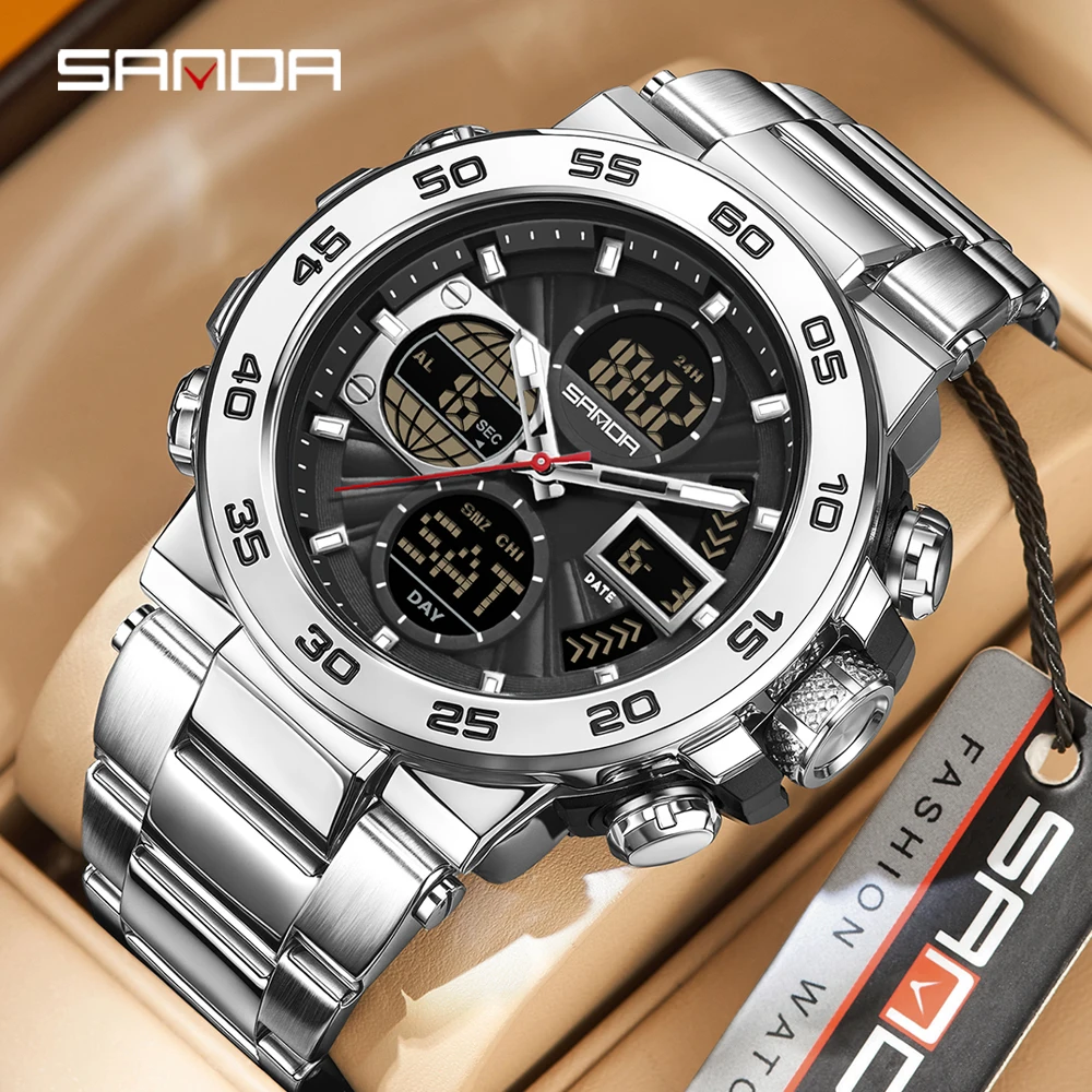 SANDA 6312 ساعة إلكترونية رياضية عصرية متعددة الوظائف مجسمة عرض مزدوج العد التنازلي الترفيه الأعمال ساعة رجالي #5