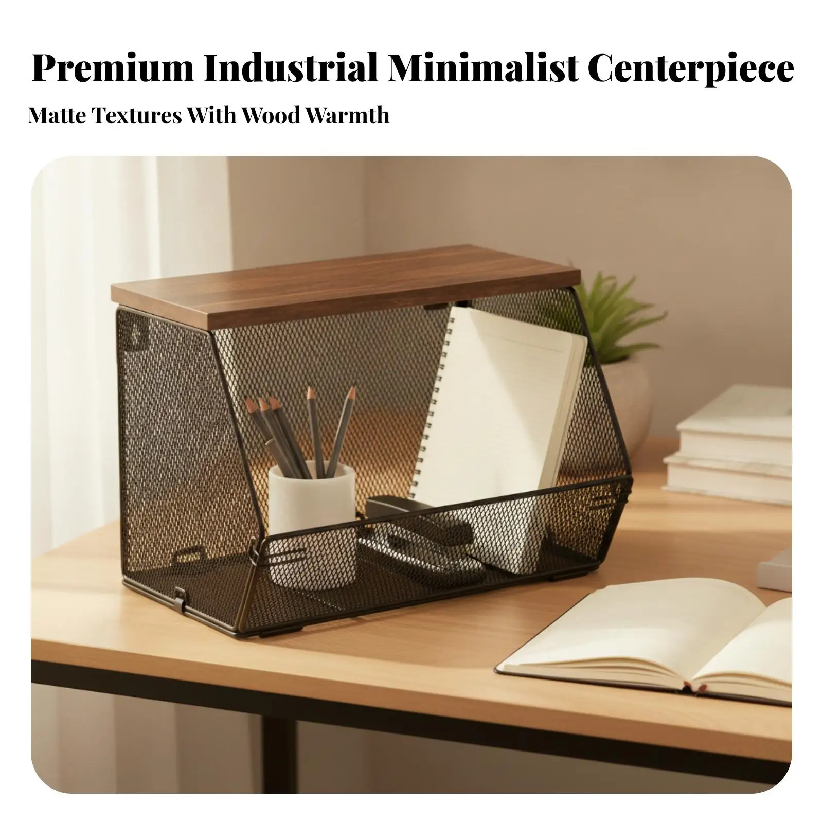 Sturdy Metal Mesh Storage Basket with Wood Cover Slanted Opening for Countertop Pantry Organization and Decor