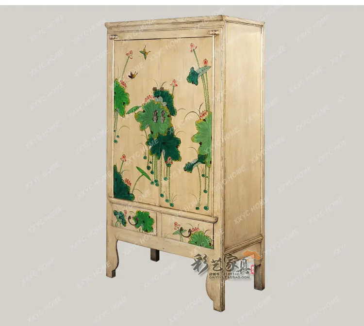 Solid wood hand-painted vertical cabinet large-capacity wardrobe Ming and Qing retro old painted furniture