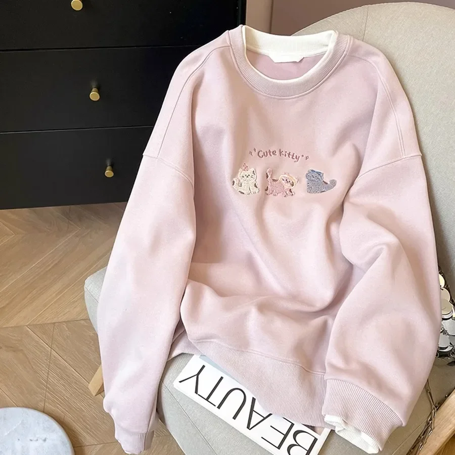 

Women Milk Silk Hoodie Thin Autumn Women Tops Long Sleeve Round Neck Casual Pullover Sweatshirt Female Streetwear Blouse
