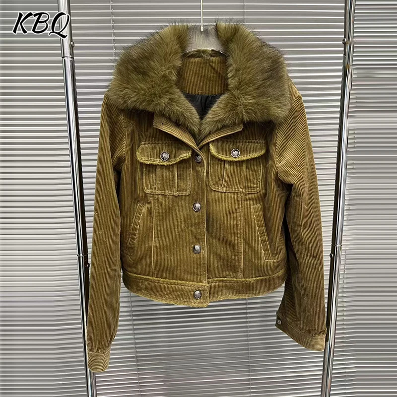 

KBQ Solid Spliced Pockets Loose Jackets for Women Fur Collar Long Sleeve Minimalist Down Jacket Female Fashion Winter Style New