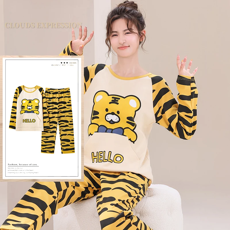 

Spring Autumn 3XL Knttted Womens Pajamas Sets Teen Funny Pjs Cartoon Tiger Sleepwear Homewear Girls Pijamas Mujer Pyjama Fashion