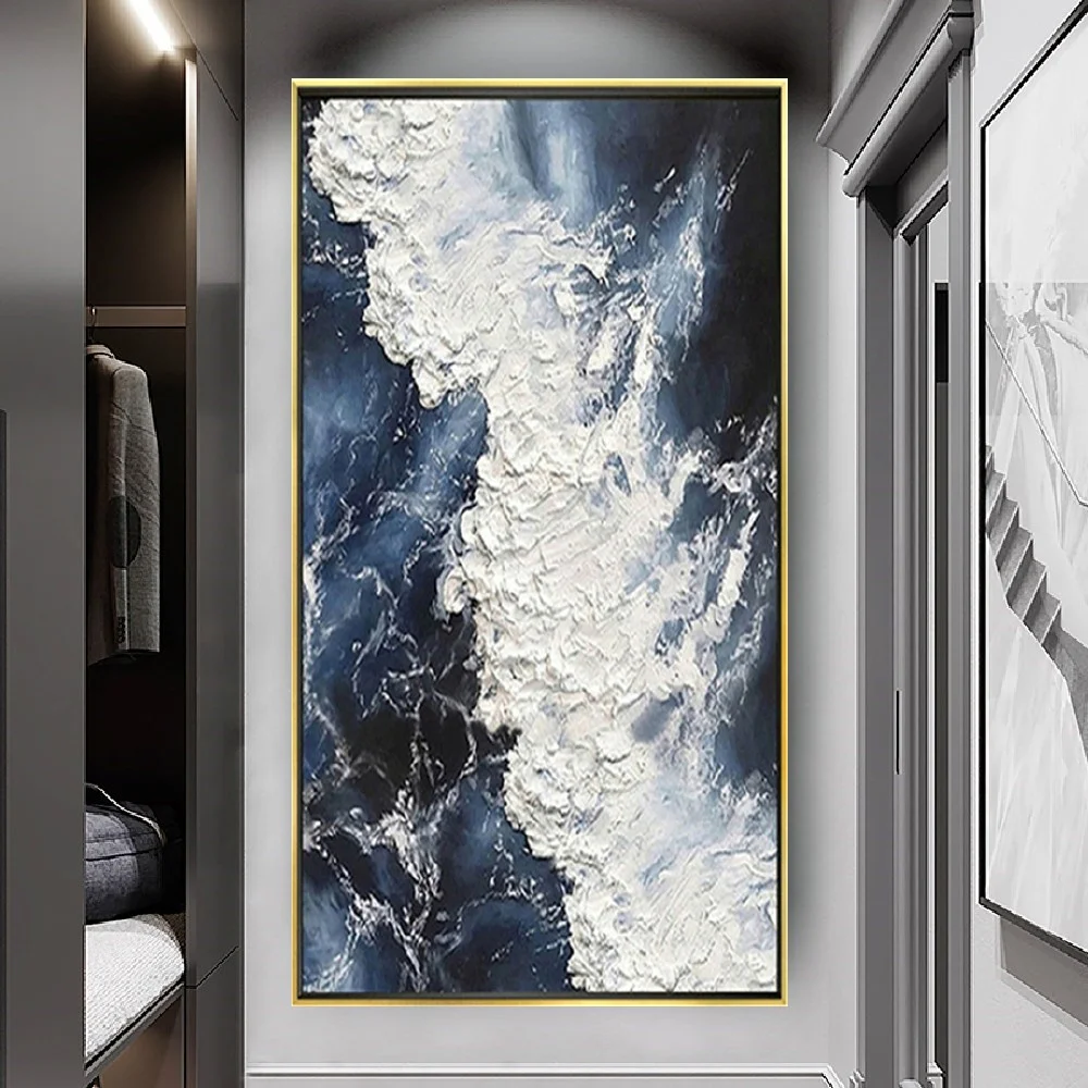 

Темно-синий океан белый спрей Картина на холсте современный нож ручной работы Картина маслом Тяжелая Текстура настенное искусство Рисование подвеска домашний декор