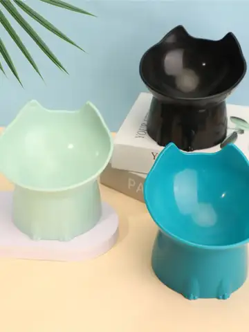 1pc WhiskerWare Elevated Cat Bowl, Anti-Tip Plastic Raised Pet Feeding Dish with Tilted Edge, Neck Protection Kitty Food