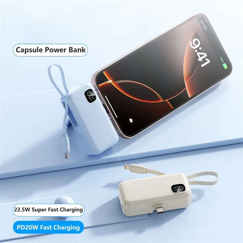 

Power Bank 5000mAh 22.5W Fast Charging Portable Charger With Cable External Battery Powerbank for iPhone 17 16 15 Samsung Xiaomi
