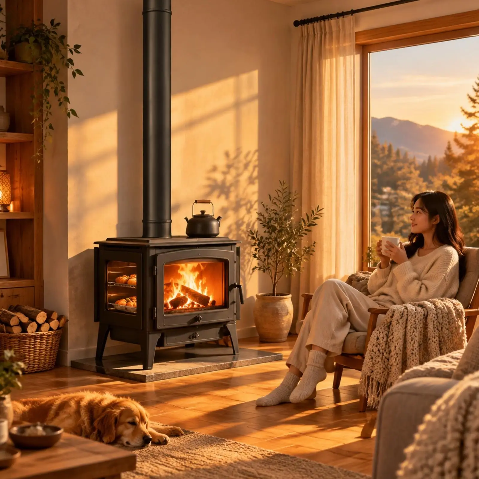Freestanding Wood Burning Stove Heater with Glass Viewing Window and Chimney Flue Metal Firebox for Warming Indoor Cabin Room