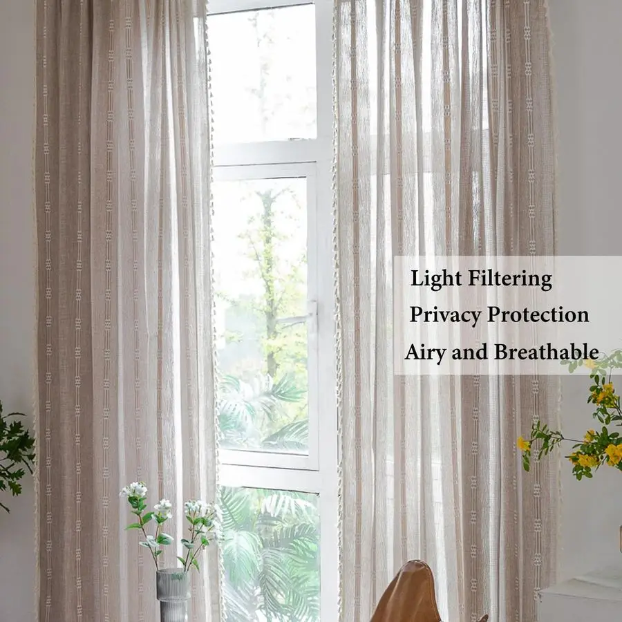 Cortinas de Lino para Sala de Estar de 63, 84 y 96 Pulgadas de Largo, Bordadas, a Rayas, Estilo Rústico, de Algodón, Semiopacas, para Dormitorio, con Borlas