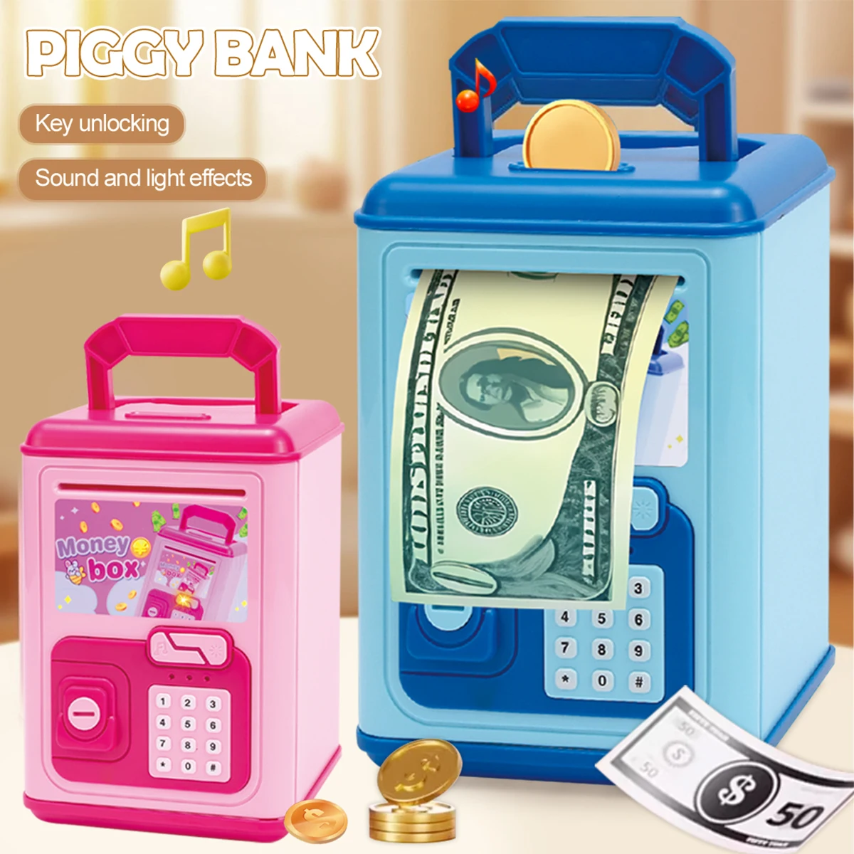 Unlock Key Piggy Bank Toys ATM Money Box for Kids, Musics and Lights Large Capacity Gifts Battery Not Include