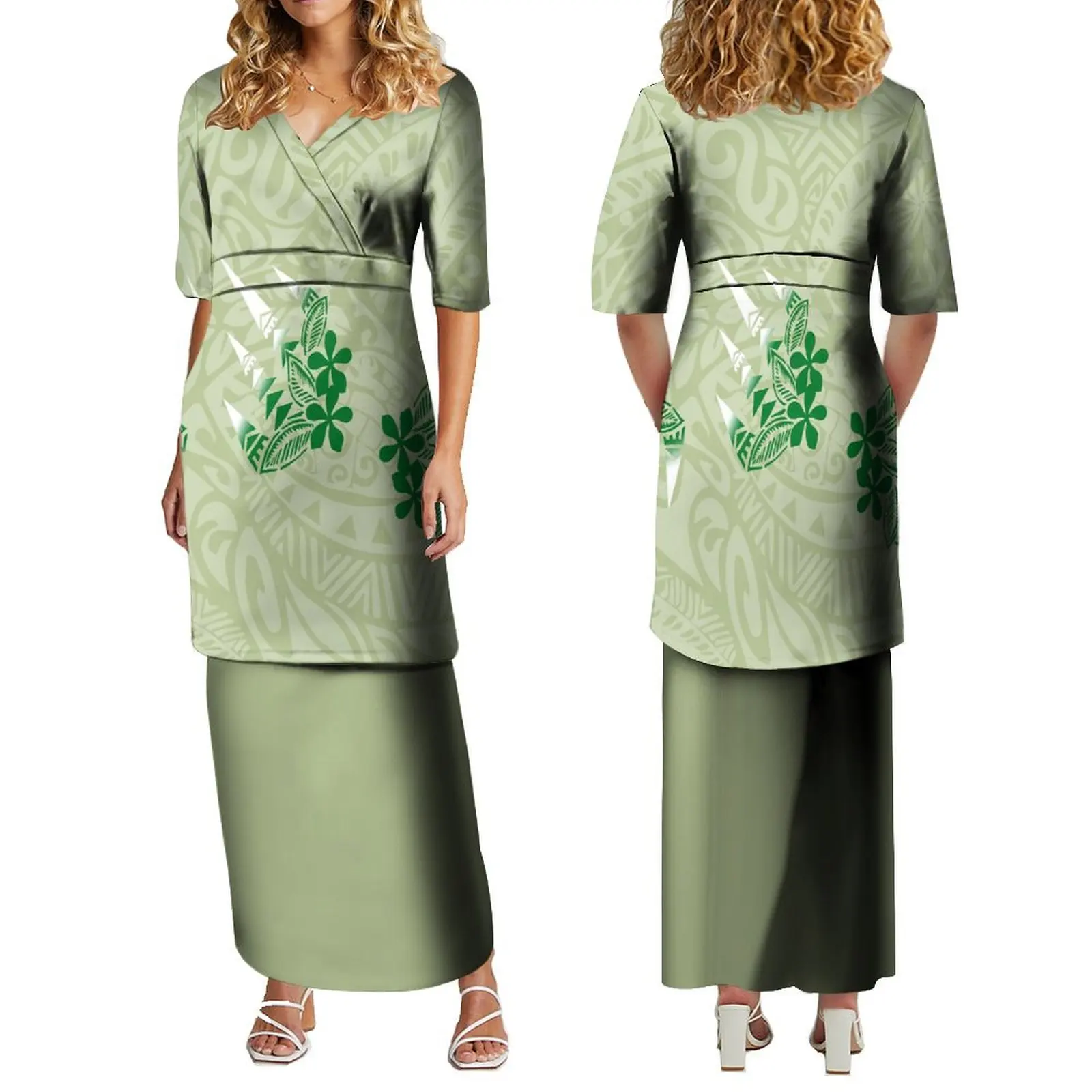 

Puletasi Dress Women'S V-Neck Dress Elegant Dress Designed By Polynesian Tribes Free Shipping