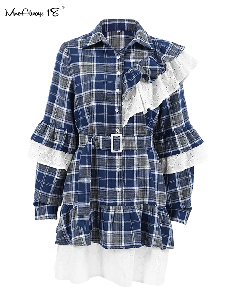 Mnealways18 Cascading Ruffle Gingham Dress With Belt Turn Down Collar Patchwork A-Line Dress Fall Winter 2024 Button Mini Dress