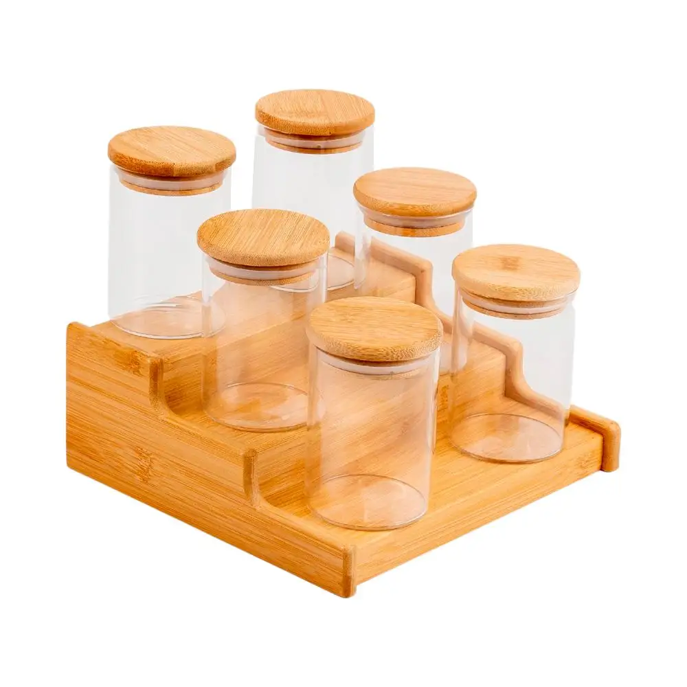 250ml 6 Pots Airtight Kit with Bamboo Lid and Bamboo Organizer Rack-Oikos