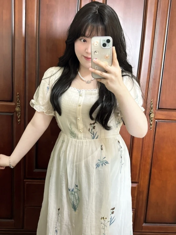 

Summer New Gentle Style Large Size Dress Retro Square Collar Orange Grass Embroidery Elegant Long Dress Women's Fashion