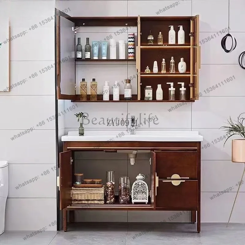 Ceramic integrated hand wash basin Oak bathroom cabinet Combined bathroom floor cabinet