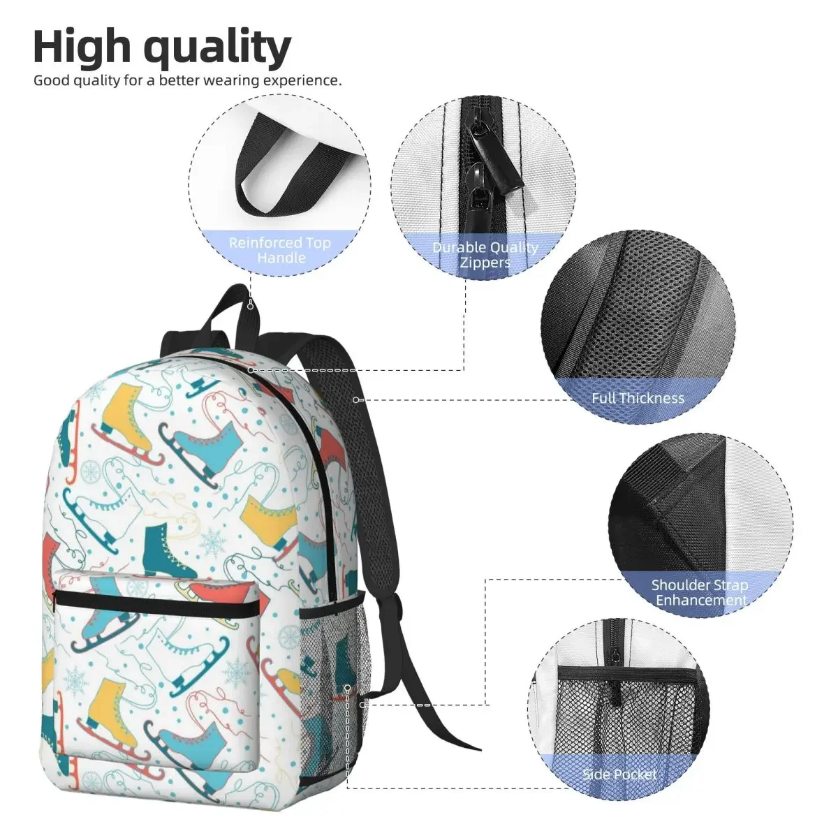 Colorful Ice Skates Pattern Backpack Daypack Large Capacity Boys Girls BookBag School Bag Shoulder Bags for Men Women