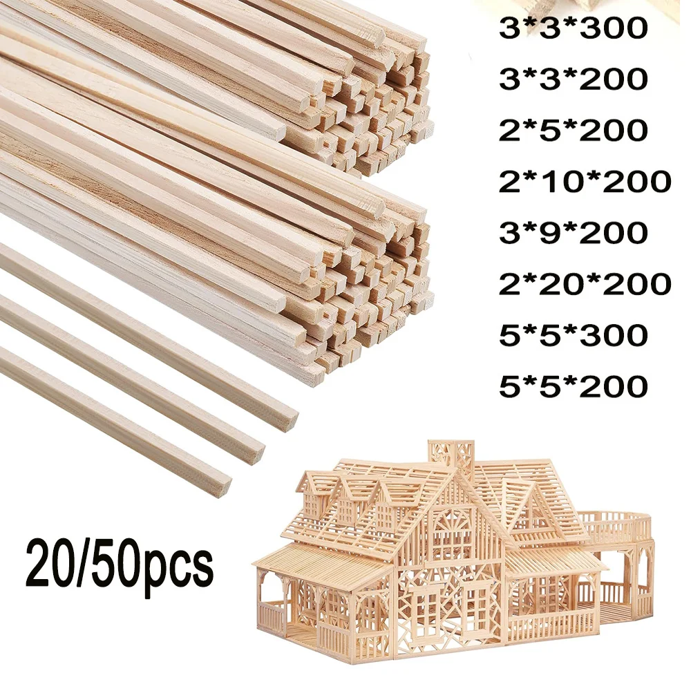 다양한 사양의 긴 나무 스트립, 사각형 조명 나무 장부촉 바, 모델 제작 장식 DIY 20 개, 50 개 