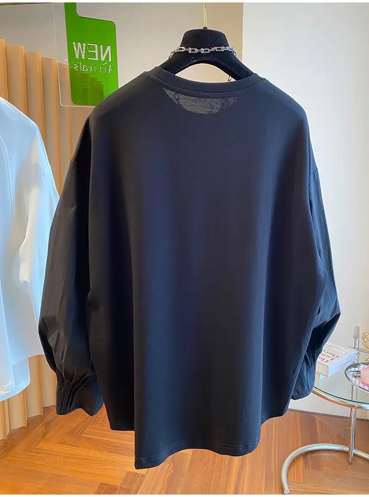 여성용 스플라이싱 긴팔 스웨터셔츠 봄 가을 루즈핏 화이트 랜턴 티셔츠 디자인 니치 이너웨어 얇은 상의