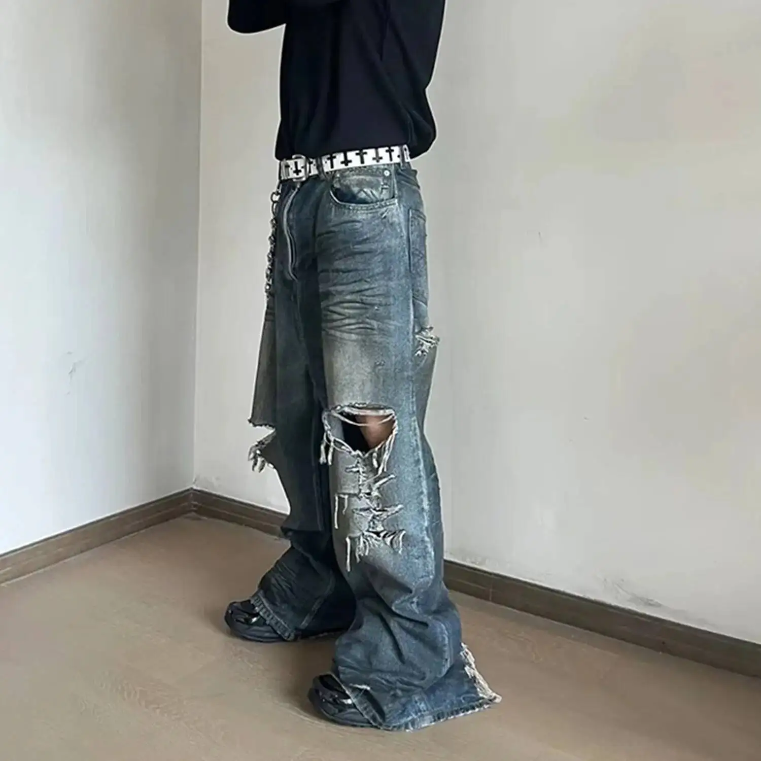 UMI MAO Men's And Women's trousers Torn Large Hole Long Pants, Unisex Retro Washed Distressed Creased Texture Jeans