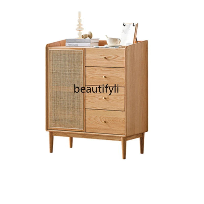 

Solid Wood Rattan Chest of Drawers Nordic Pine Sideboard Storage Cabinet Modern Minimalist Bedroom Storage Entrance Cabinet