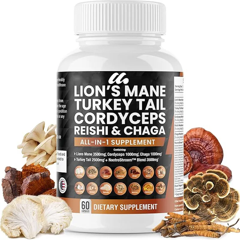 Lions Mane Mushroom Supplement Contains Turkey Tail, Ganoderma Lucidum, Cordyceps Sinensis, And Chaga Mushroom