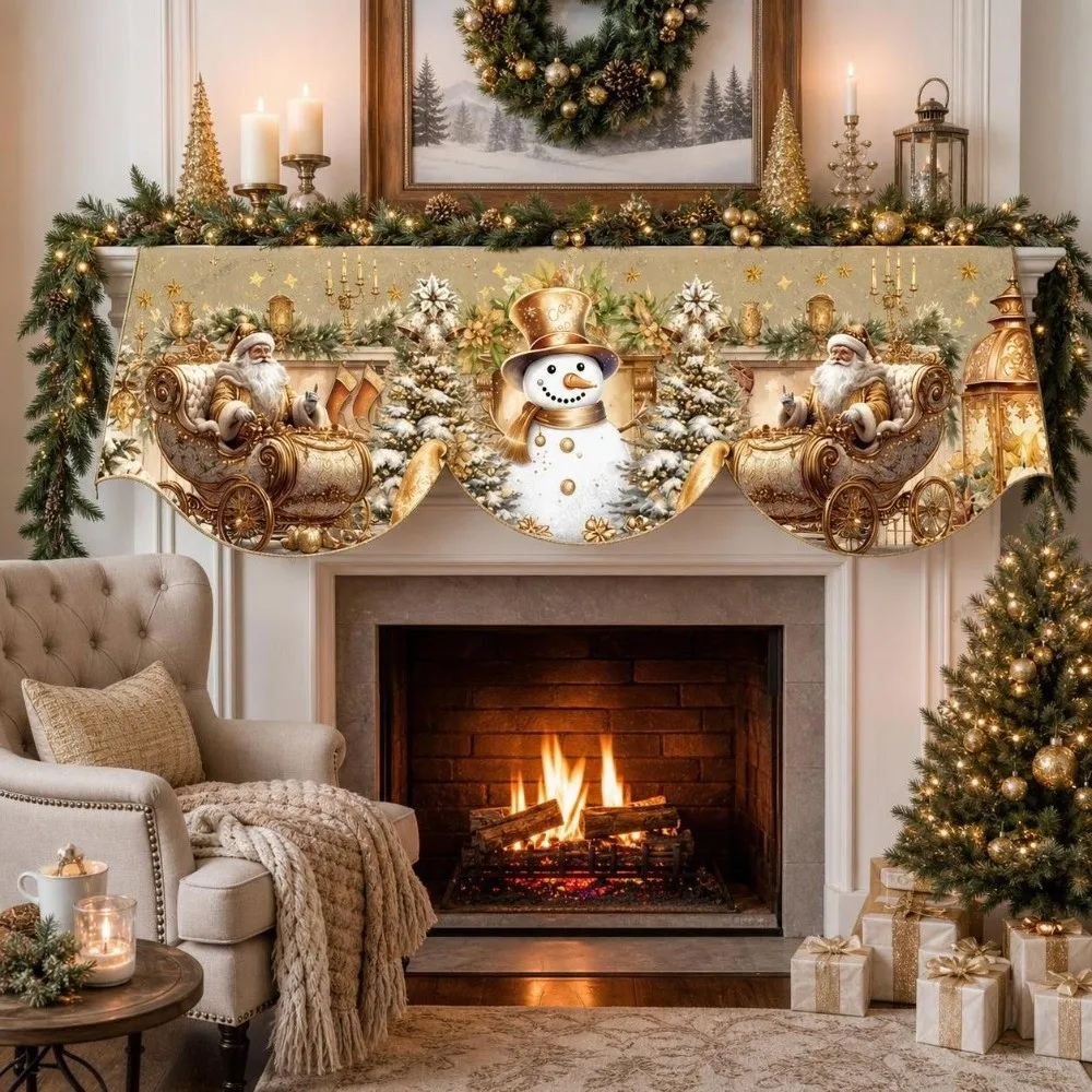 Santa Claus Christmas Fireplace Mantel Scarf Snowman Decorative Mantel Topper Snow Landscape Home Decor Xmas Mantel Decor Indoor