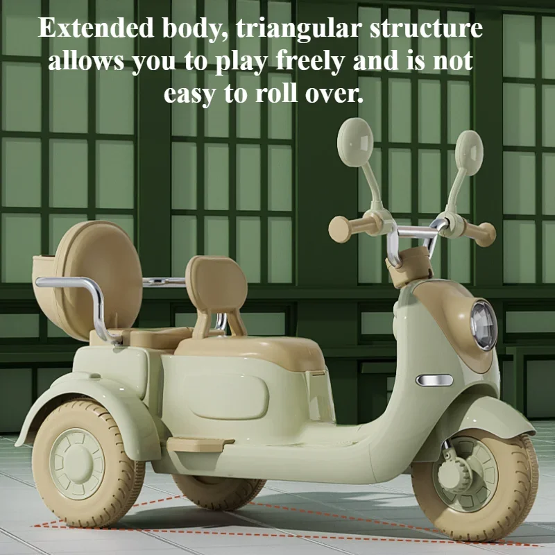 Kids Electric Tricycle Rechargeable Double Motorcycle for Boys Girls 3-wheel Motorbike with Music Guardrail Big Anti-slip Wheels