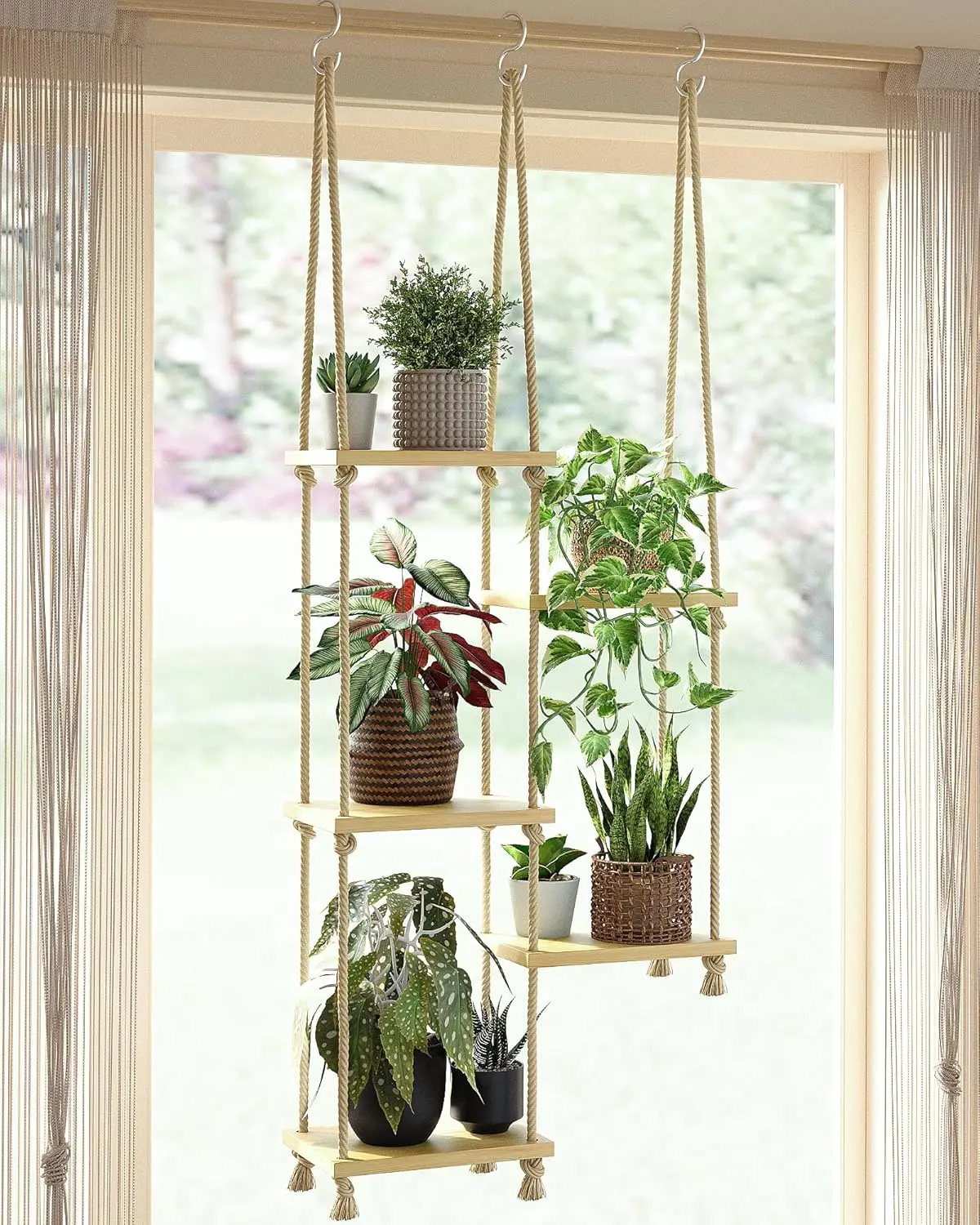 

Macrame Plant Hanger Floating Shelves for Windows - Boho Decor Indoor Wall Mounted Plant Stand