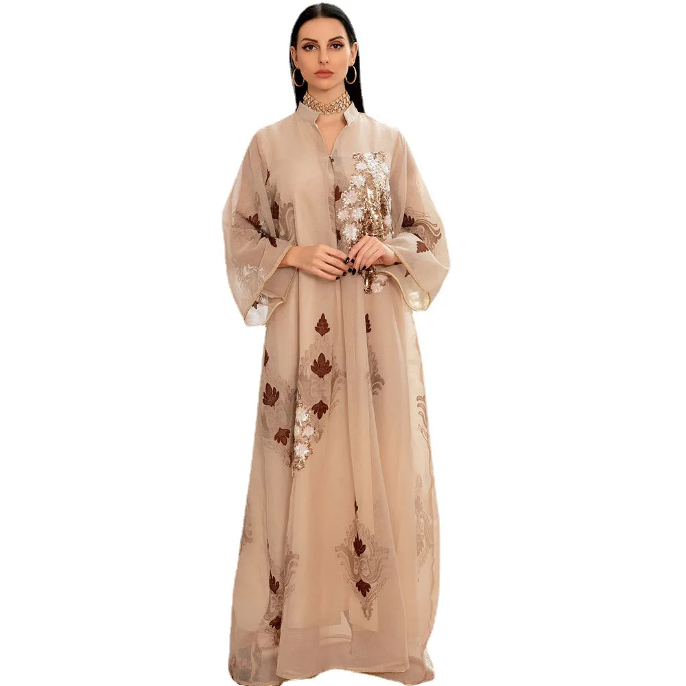 Kaftan Muslim Abaya Clothes for Muslim Women Summer Fashion Muslim Women Long Sleeve V-neck Sequin Long Maxi Dress Dubai Abaya