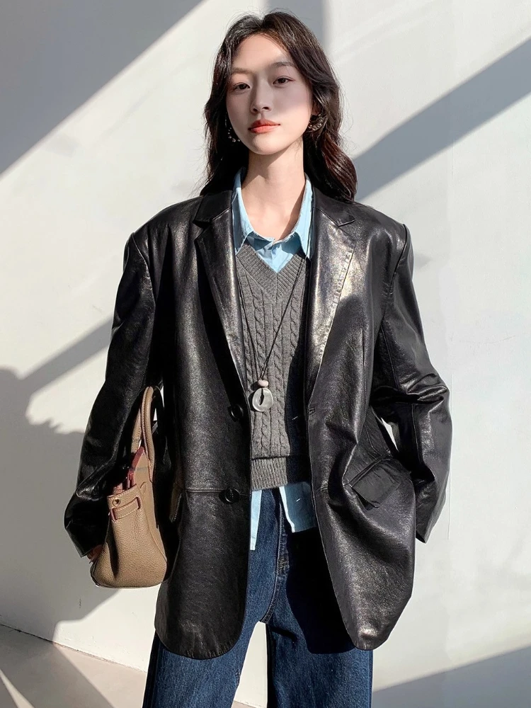 Vestes Blazer décontractées en cuir véritable pour femmes, nouveau manteau haut de gamme Simple, solide, cire d'huile douce, en peau de mouton véritable, printemps automne 2025