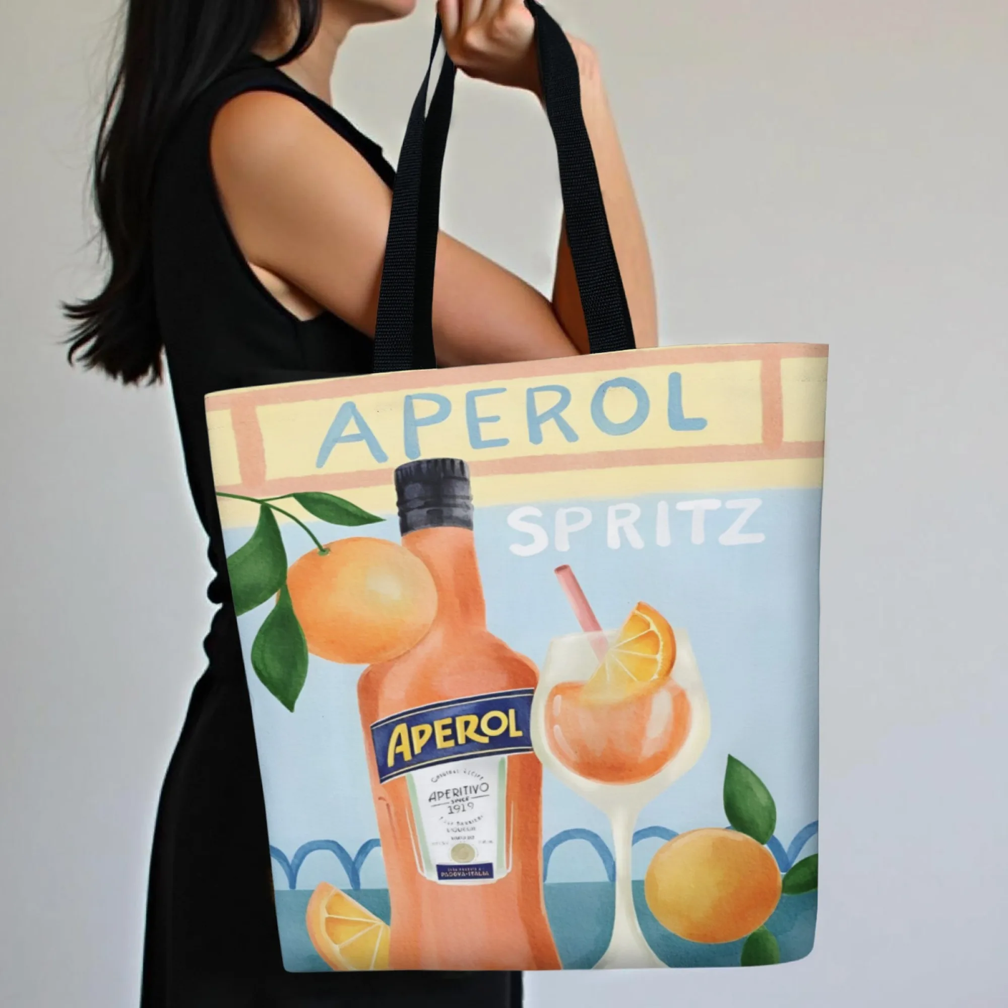 Bolso de mano de lona con tema de bebida Aperol Spritz, bolso de hombro duradero con patrón de aperitivo italiano, regalo para entusiastas de las bebidas