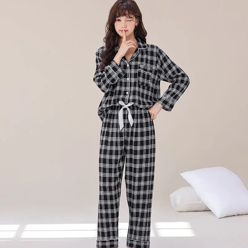 2024 New Women Thin Sweet Cardigan Pajamas Set Spring Cotton Plaid Casual Student Homewear Suit Loose Lapel Breathable Sleepwear