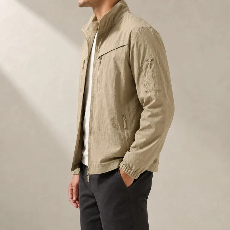 Men's Utility Jacket Full Zip Stand Collar Multi Pocket Outdoor Workwear Chest Zip Pockets Plus Size Long Sleeve M-8XL
