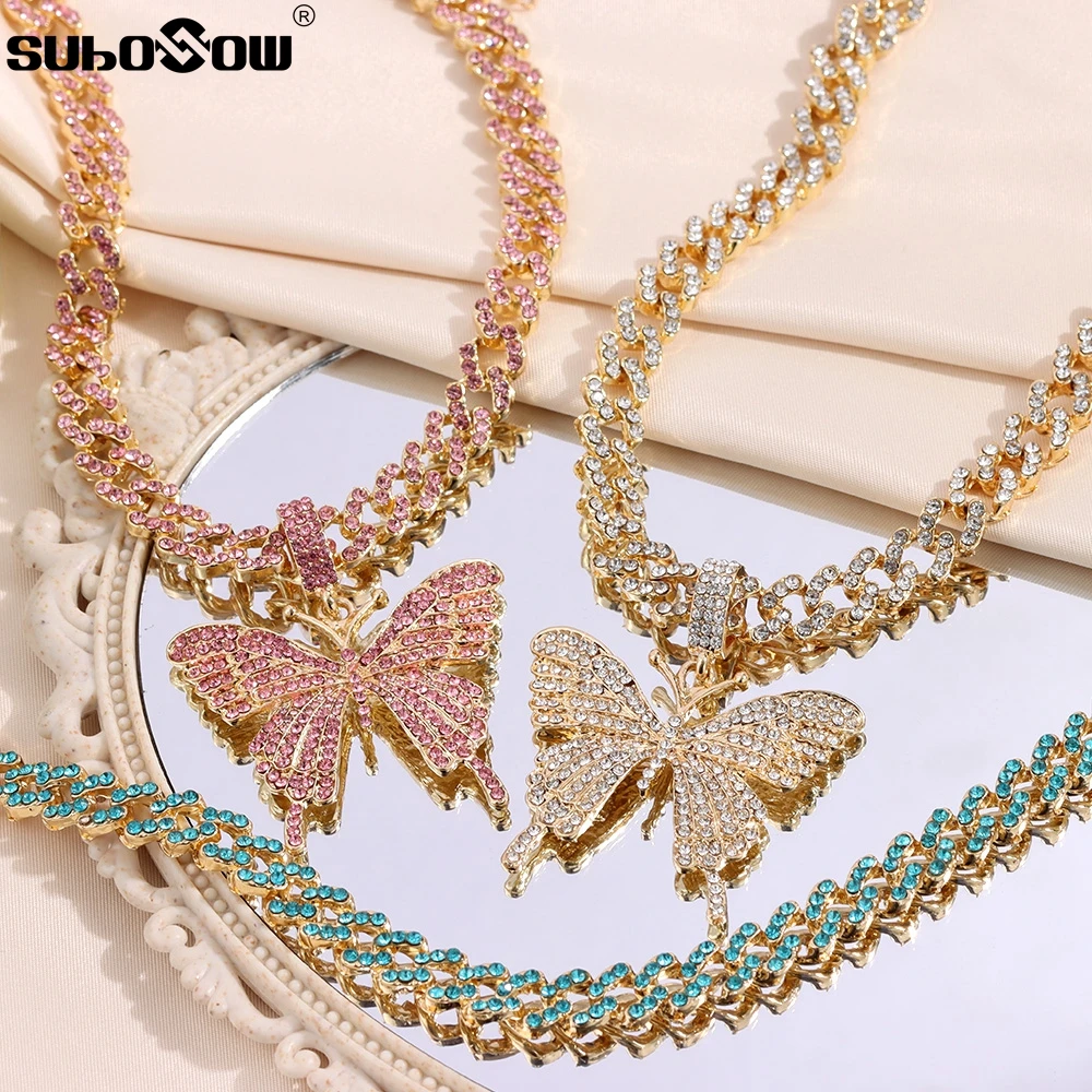 HipHop Pink Blue 9MM Cuban Link Chain Necklace for Women Iced Out Crystal Butterfly Pendant Choker Necklace Fashion Jewelry Gift