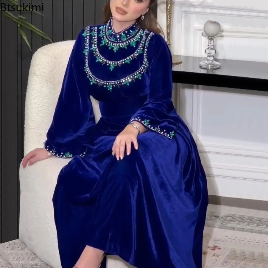 Eid Muslim Women Dresses Velvet Diamond Abaya Elegant Party Maxi Dress Ramadan Morocco Kaftan Robe Saudi Arab Vestidos Jalabiya 2