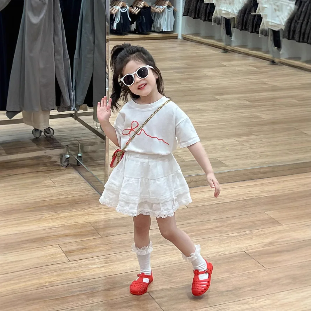 

2025 Summer Korean Version of Children's Clothing Girls Small Fresh Bow Short-sleeved T-shirt Sweet Lace Culottes Short Skirt