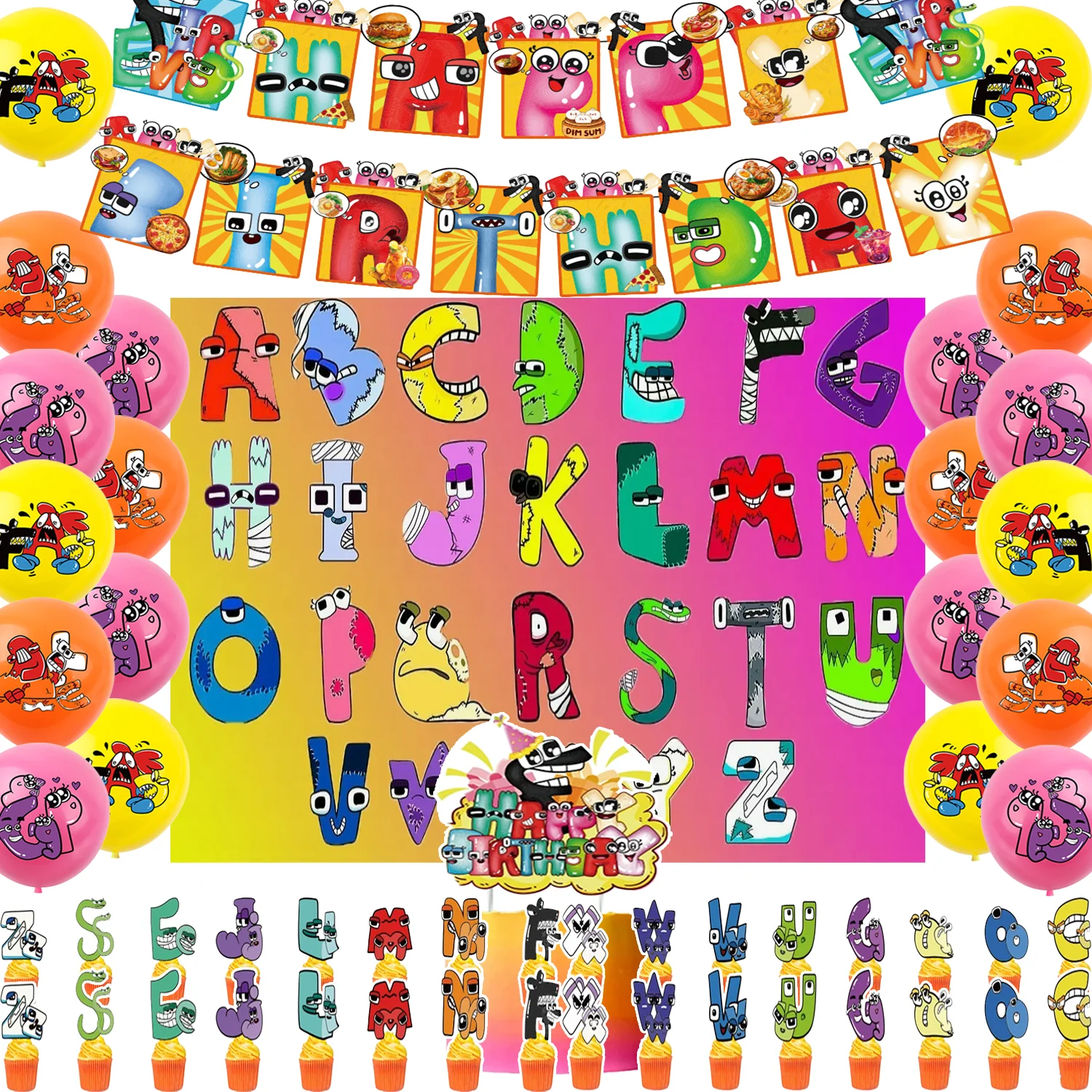

Coloring Alphabet Lore Theme Birthday Party Decor Balloon Cake Topper Banner Early Education Alphabet Backdrop Baby Shower Gifts