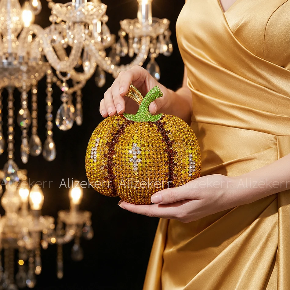 Pumpkin Crystal Evening Bags Women Luxury Designer Gorgeous Diamond Metal Clutch Purses And Handbags Halloween Party - view 2