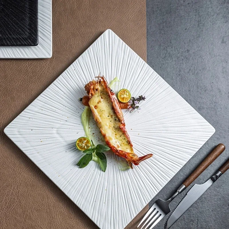 White Square Plate Ceramic Steak Plate Dessert Snack Dish Salad Dish Fruit Plate Creative Texture Artistic Conception Tableware