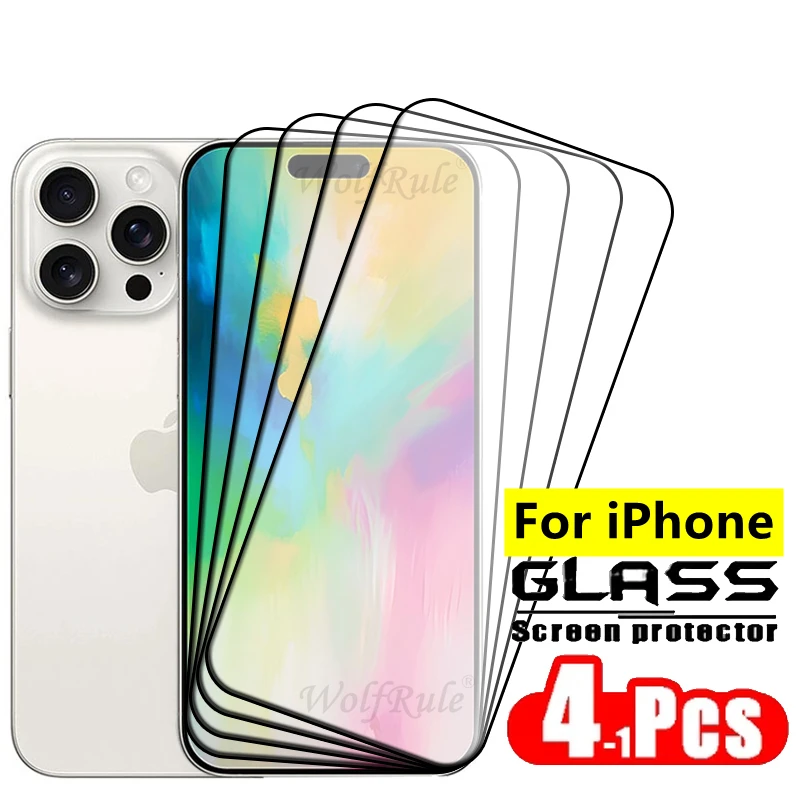 4pcs For iPhone 16 Pro Max Glass iPhone 16 15 14 13 Pro Max Glass Protective Full Cover Glue Screen Protector iPhone 16 Pro Max